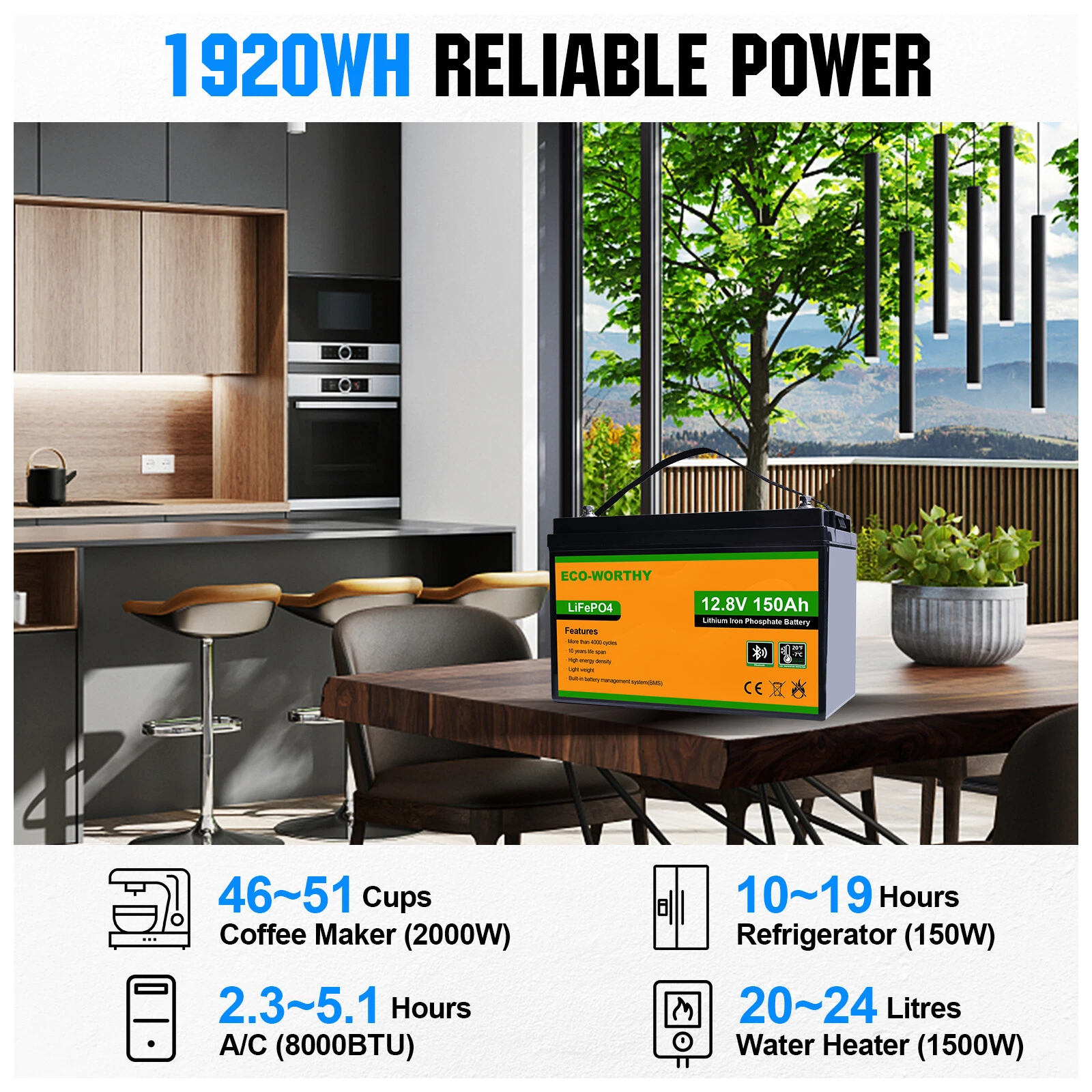 ECO-WORTHY 1920Wh 12V 150Ah Bluetooth LiFePO4 Lithium Battery 20A Charger