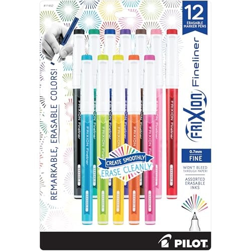 Pilot FriXion Erasable Fineliner Pens, .7mm, 12 Assorted Colors