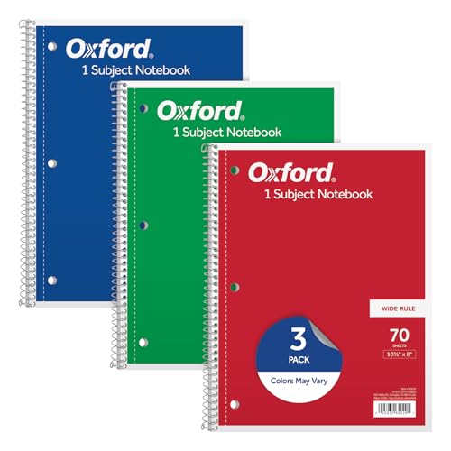 Oxford 3-Pack Notebooks, Wide Rule, 70 Sheets, Assorted Colors