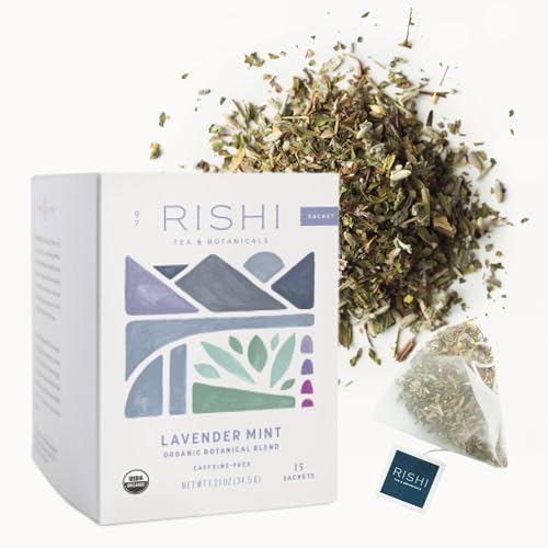 Rishi Organic Lavender Mint Herbal Tea – 15 Sachets, Caffeine-Free