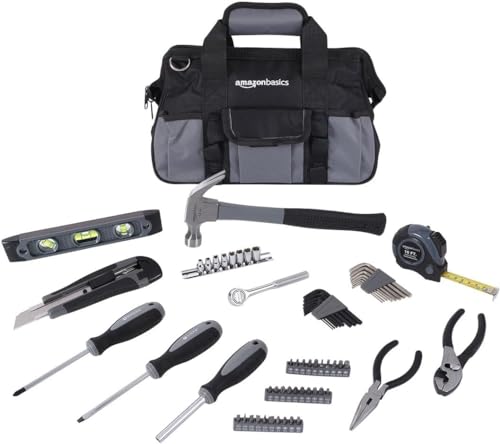 Amazon Basics 65-Piece Tool Kit with Bag, Silver/Black