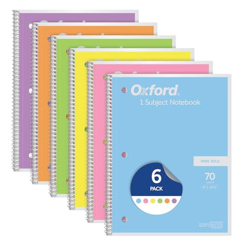 Oxford Spiral Notebooks, 6-Pack Pastel, Wide Ruled, 70 Sheets