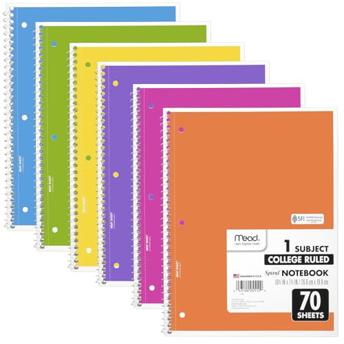 Mead Spiral Notebook, 6 Pack, College Ruled, Assorted Colors