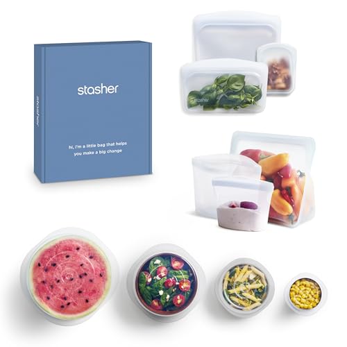 Stasher Silicone Reusable Storage Bags & Lids 10-Pack, Clear, BPA Free