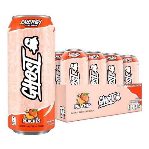GHOST Energy Drink, Peaches, 12-Pack, 200mg Natural Caffeine, Vegan
