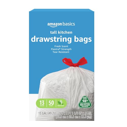 Amazon Basics 13 Gallon Tear Resistant Trash Bags, 50 Count