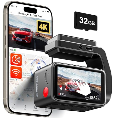REDTIGER F4 4K Dash Cam with GPS, Voice Control, 32GB Card