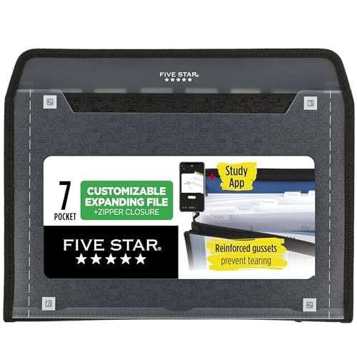 Five Star 7-Pocket Expanding File Organizer, Black, Zipper Closure