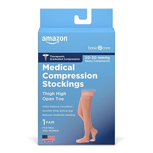 Amazon Basic Compression Stockings, 20-30 mmHg, Thigh Length, Medium