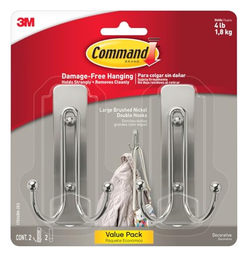 Brushed Nickel Double Hooks with Adhesive, Holds 4 lb