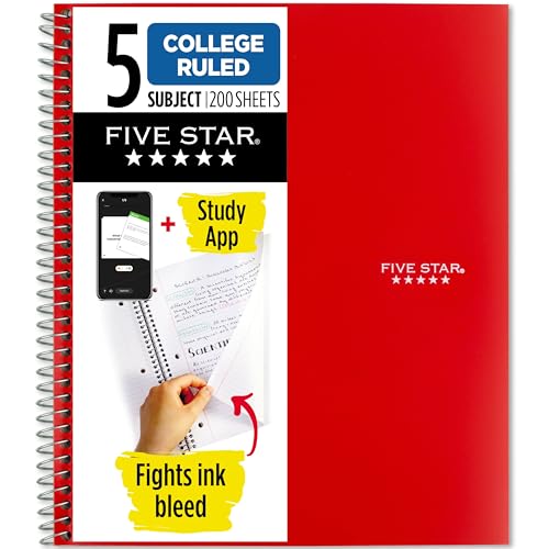 Five Star 5-Subject College Notebook, Ink Resistant, Red
