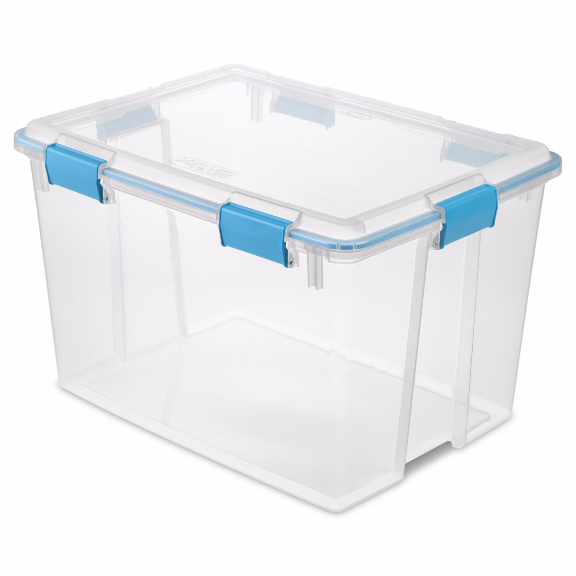 Sterilite 80 Quart Gasket Box, Weather Resistant Large Clear Storage Bin with Latch Lid, Blue