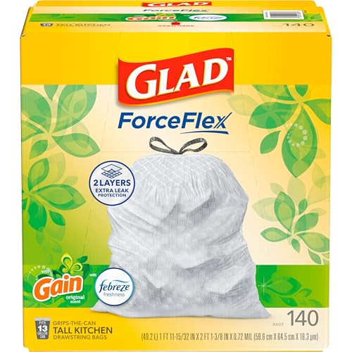 Glad ForceFlex Kitchen Trash Bags, 13 Gallon, Gain Scent, 140 Ct