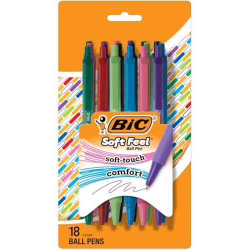 BIC Soft Feel Retractable Pens, Medium Point, 18 Assorted Colors