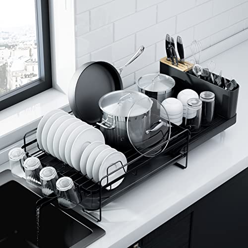 Kitsure Extendable Anti-Rust Dish Drying Rack with Holders, Black