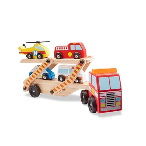 Melissa & Doug Wooden Emergency Vehicle Carrier with 4 Vehicles