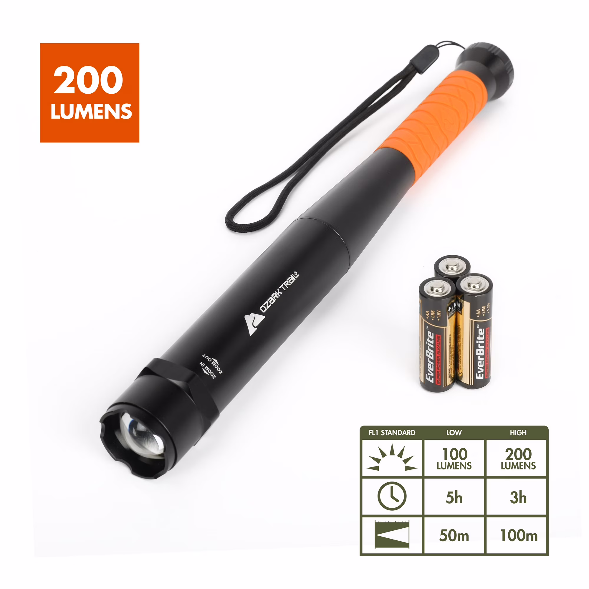 Ozark Trail Focusing LED 200 Lumens 12inch Bat Flashlight, 3 AA Batteries