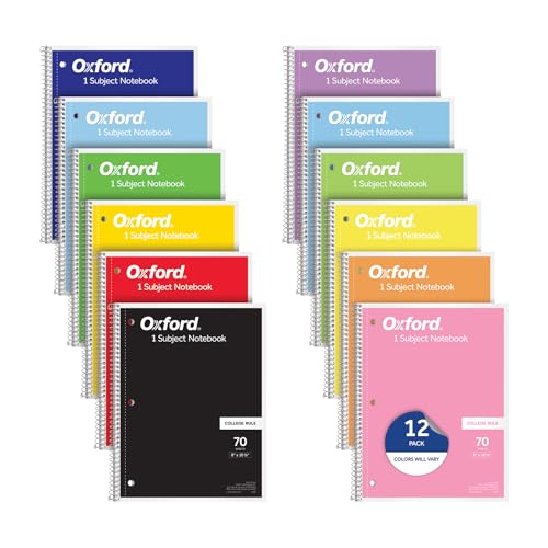 Oxford College Ruled Spiral Notebooks, 12 Pack, 70 Sheets