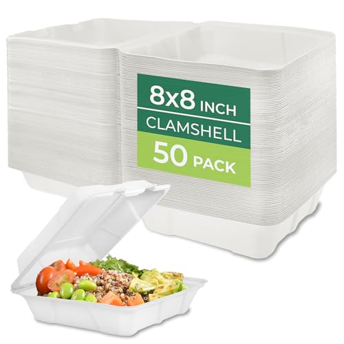 Freshware 8×8″ Compostable Clamshell Containers – 50-Pack