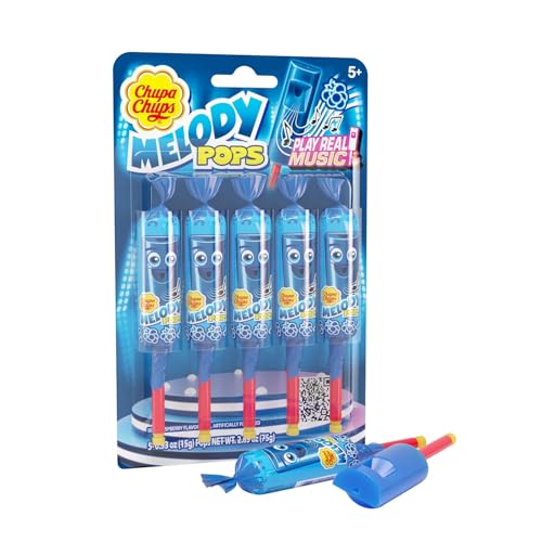 Chupa Chups Melody Pop Blue Raspberry Whistle Lollipops, 5 Pack