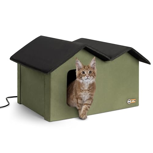 K&H Heated Outdoor Cat House with Escape Doors – Olive