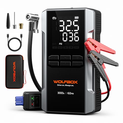 WOLFBOX 3000A Jump Starter with Air Compressor, 16000mAh, 160PSI