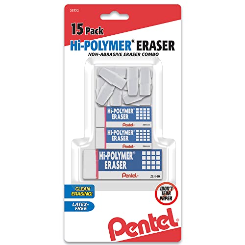 Pentel Hi-Polymer Erasers, White, 15-Pack