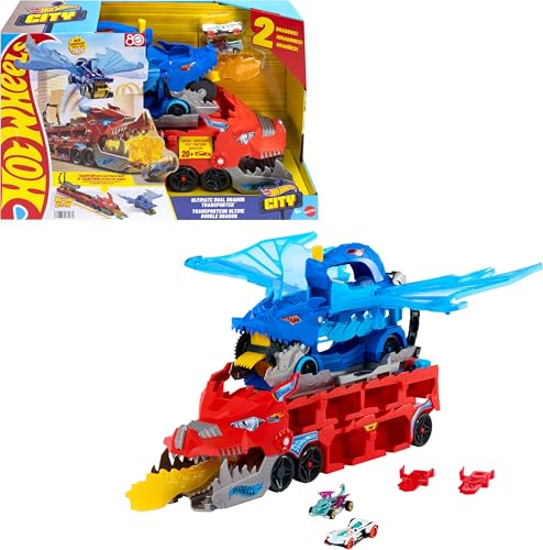 Hot Wheels Dragon Transporter Track Set with 2 Cars, Stores 20+