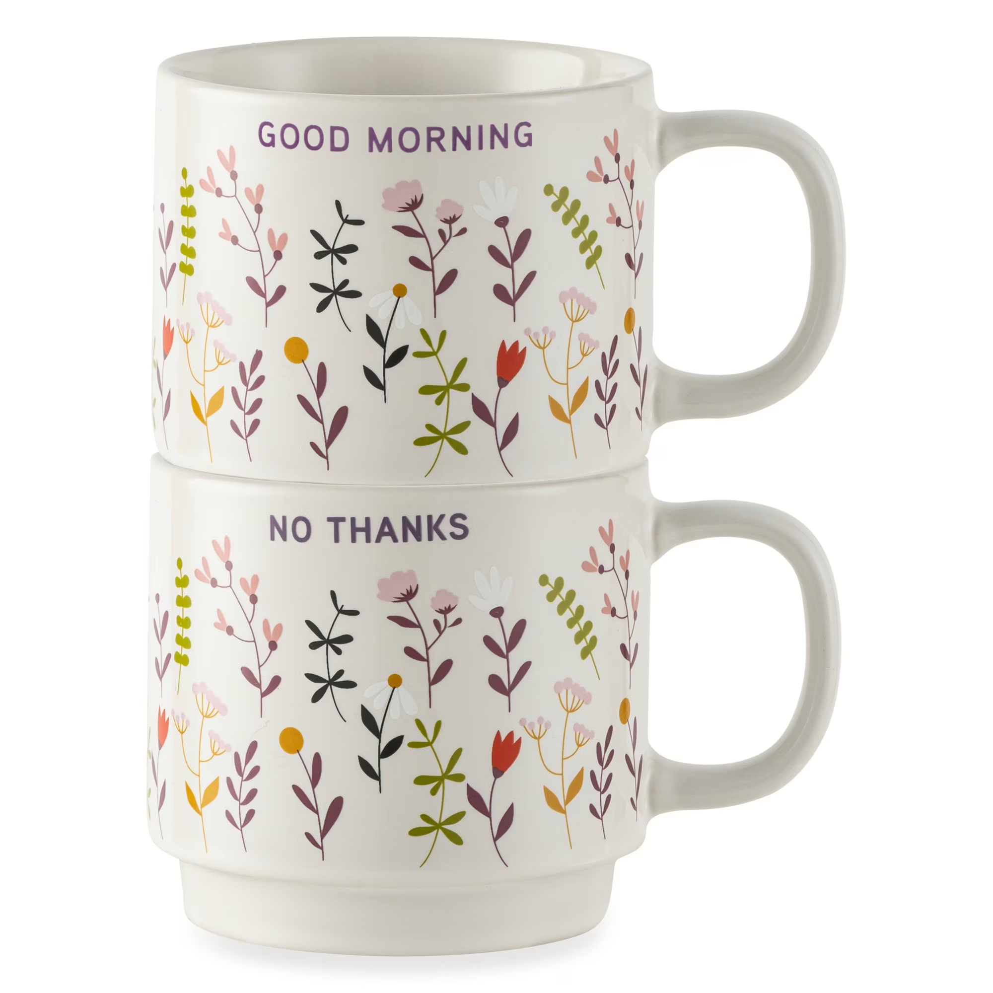 Thyme & Table 2 Pack Stacking Good Morning & No Thanks with Flowers Cream Mugs 14.2 fl oz, Stoneware