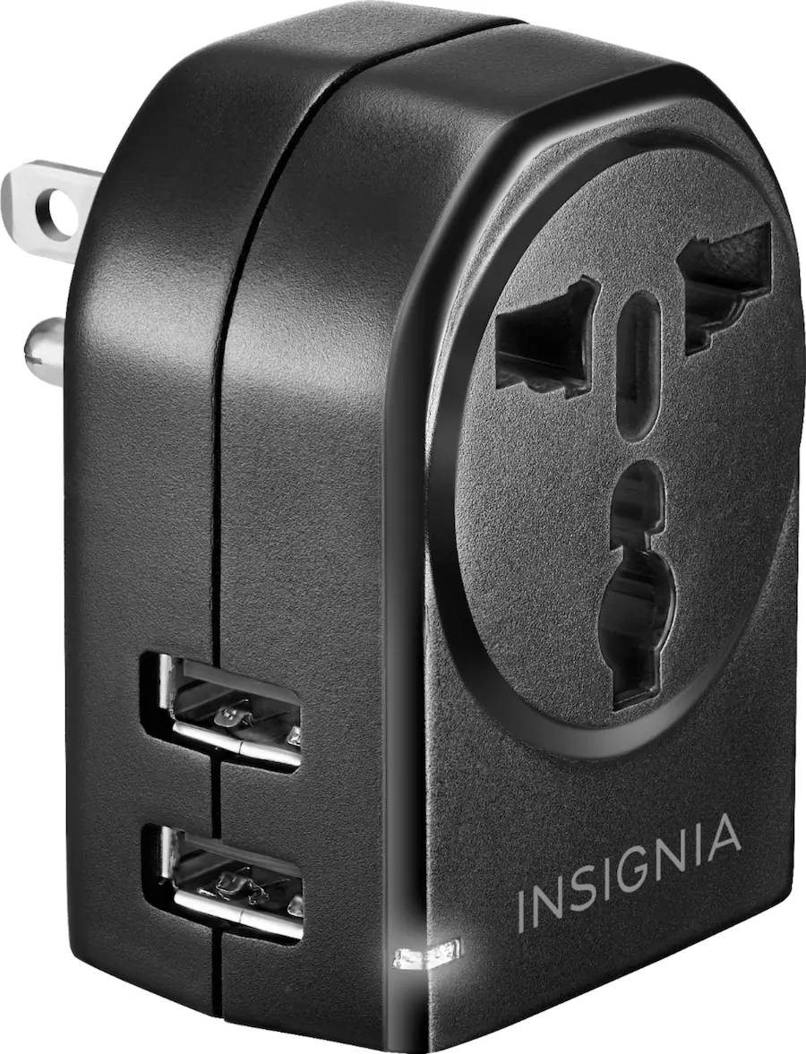 Insignia™ Grounded travel adapter with 2 USB Ports Black