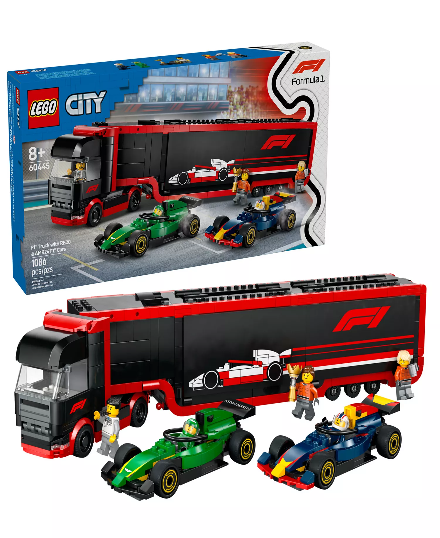 LEGO City F1 Truck with RB20 and AMR24 F1 Car Toys 60445, 1086 Pieces