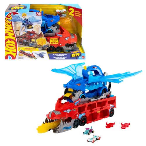 Hot Wheels Dragon Transporter Set with 2 Cars, Stores 20+