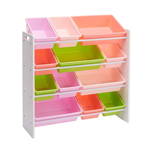 Kids Toy Organizer with 12 Pink Bins, White Wood