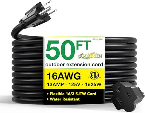 GoGreen 50ft Black Outdoor Extension Cord – Heavy Duty