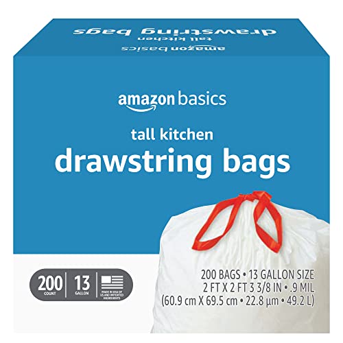 Amazon Basics 13 Gallon Tall Kitchen Trash Bags, 200 Count