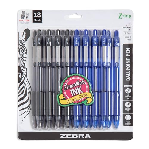 Zebra Z-Grip Ballpoint Pens, Black/Blue Ink, Medium Point, 18-Pack