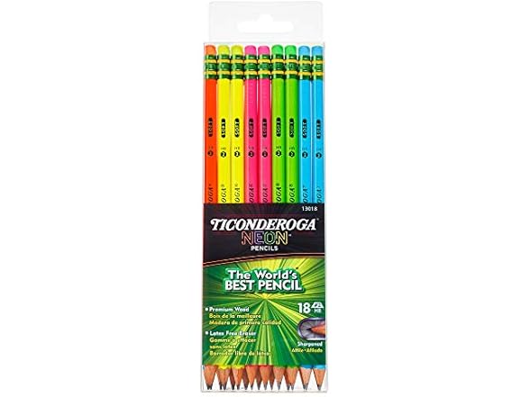 Ticonderoga Neon Pencils, 18-Count 2 Pre-Sharpened Wood Pencils with Erasers, Pack of 6 (108 Count Total)