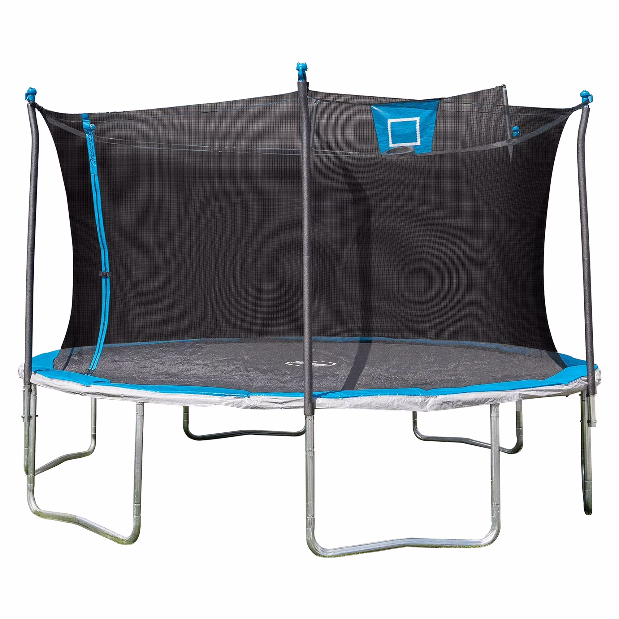 Sportspower Bounce Pro 14′ Round Trampoline with Skyslam Basketball Station and Safety-Enclosure in Blue and Silver