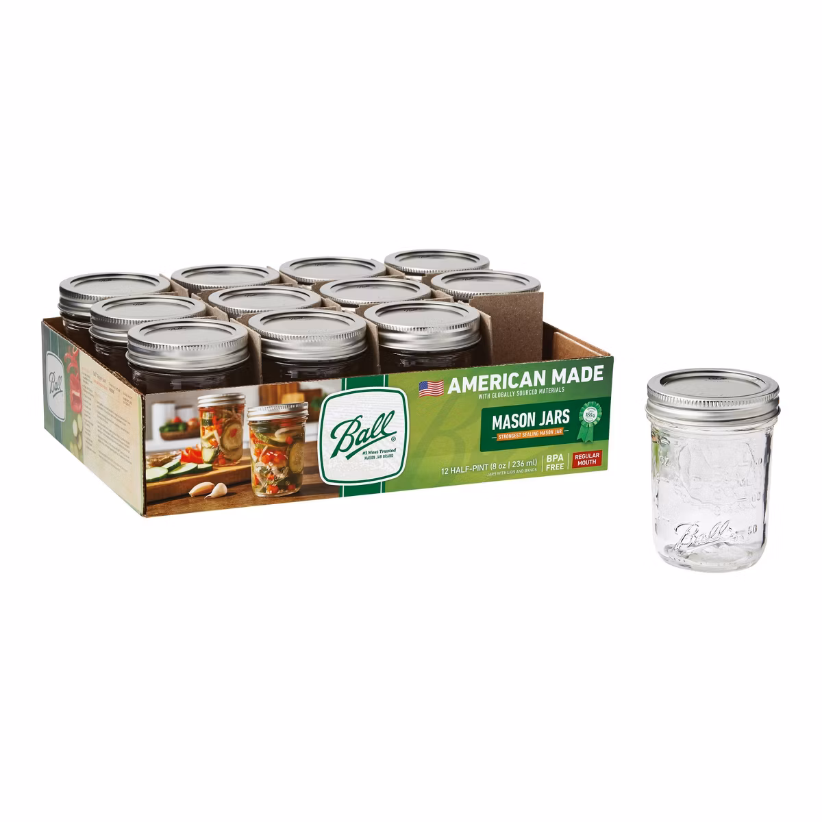 Ball 8oz. 12pk Glass Regular Mouth Mason Jar with Lid and Band