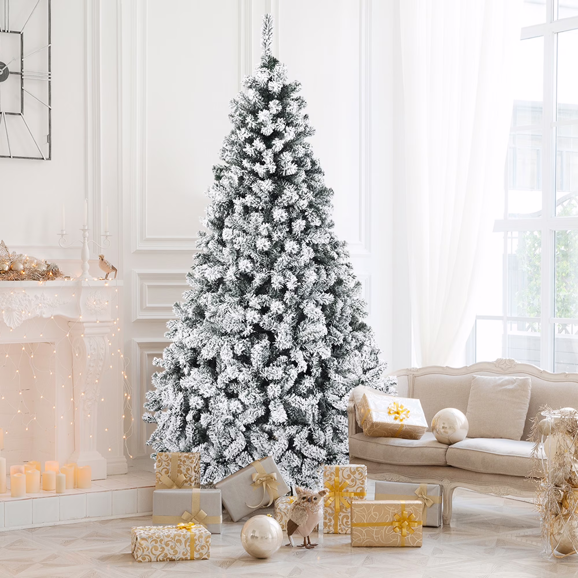 Gymax 7.5 FT Pre-Lit Christmas Tree Snow Flocked Hinged Pine Tree w/ Metal Stand