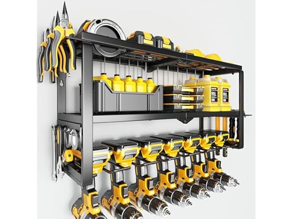 Power Tool Organizer Wall Mount – 300Lbs Load 3 Layers Storage Rack with 7 Drill Holders for Drills Cordless Tools