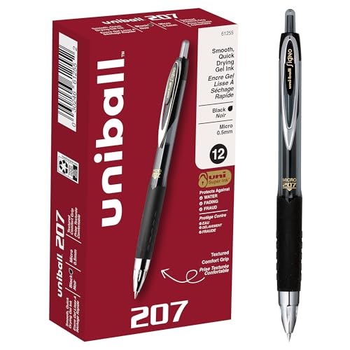 Uniball 207 Gel Pens, Micro 0.5mm, Black, 12-Pack
