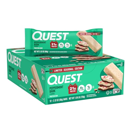 Quest Peppermint Bark Protein Bar, 21g Protein, Gluten-Free, 12 Pack