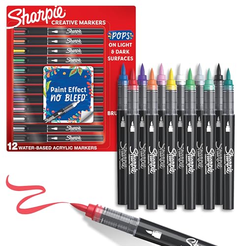 Sharpie Acrylic Brush Markers, 12 Colors – Multi-Surface Use
